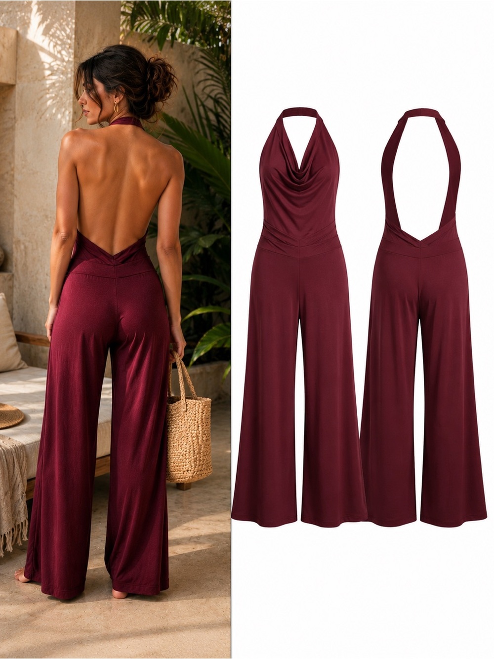 Aria Lattner Organic Bamboo Jersey Backless Halter Wide Leg Jumpsuit XL Yoga